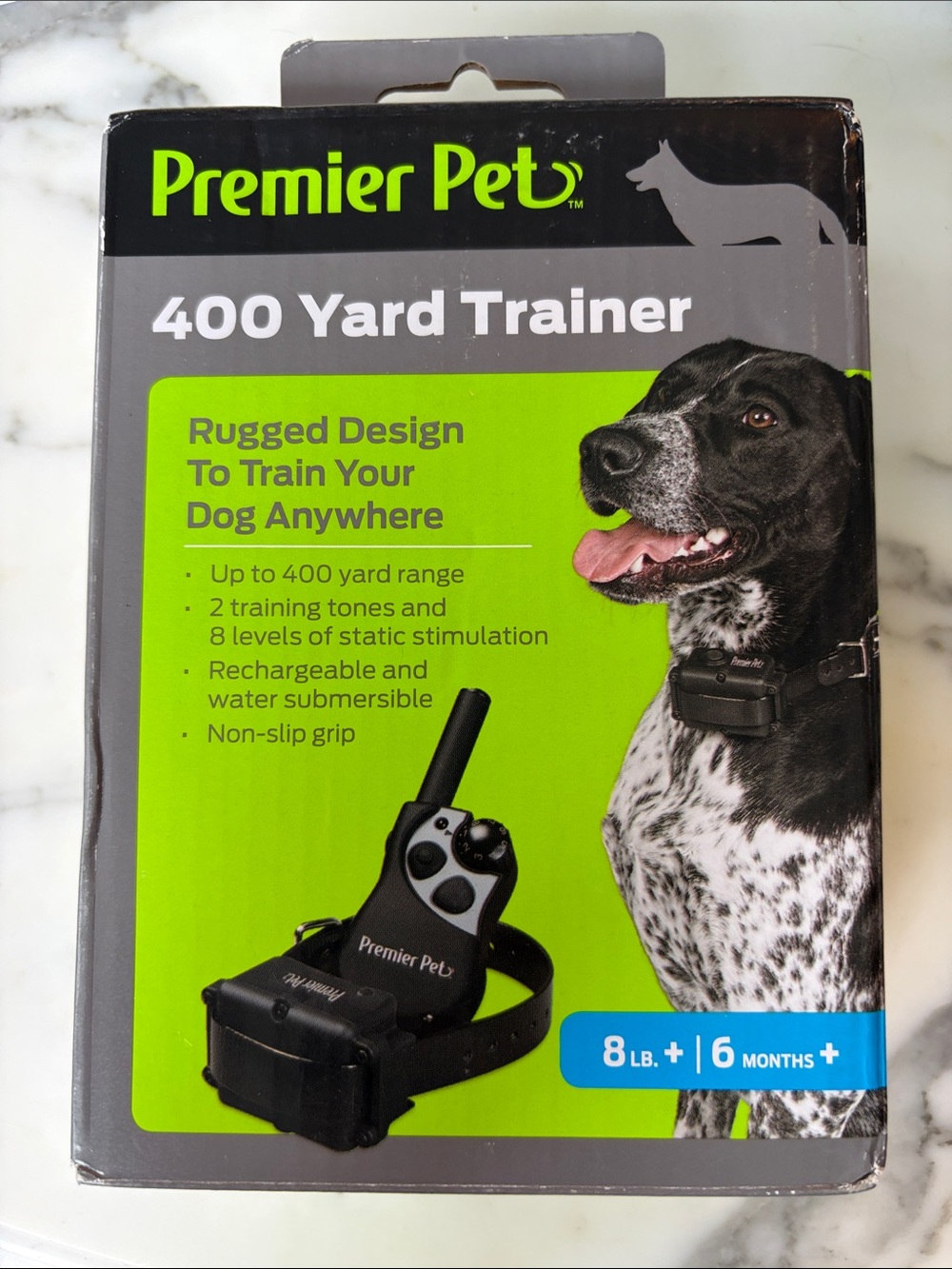 Premier Pet 400 Yard Trainer Collar in Black and Green Packaging
